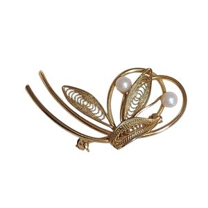 Vintage Gold Filigree and Pearl Swirl Brooch